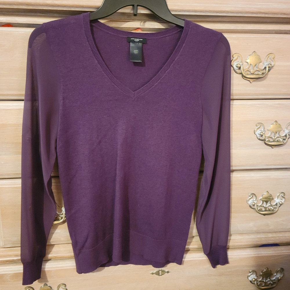 Ann Taylor Petite Plum Vneck Sweater with Sheer Sleeves Size XXSP